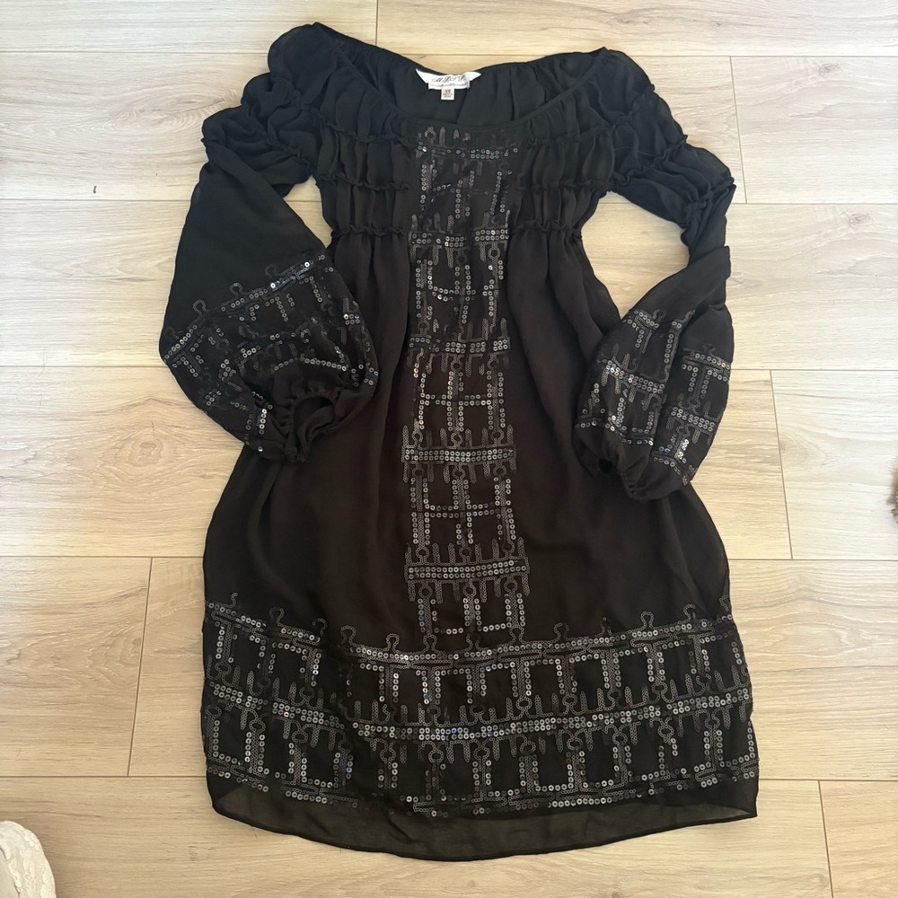 Black Sequin Babydoll Dress with bell sleeves